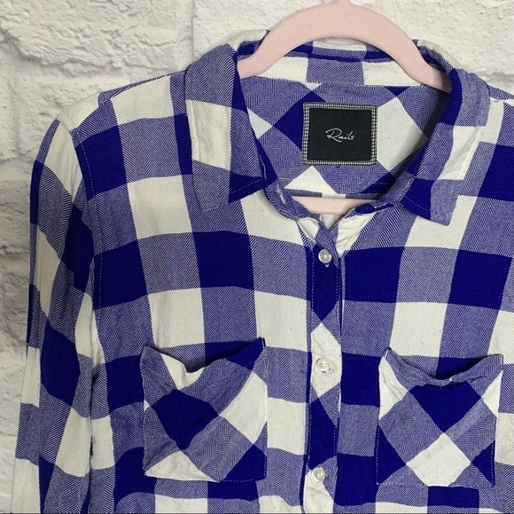 Rails Rian Blue And White Buffalo Plaid Cropped Button Down Top - Picture 5 of 11